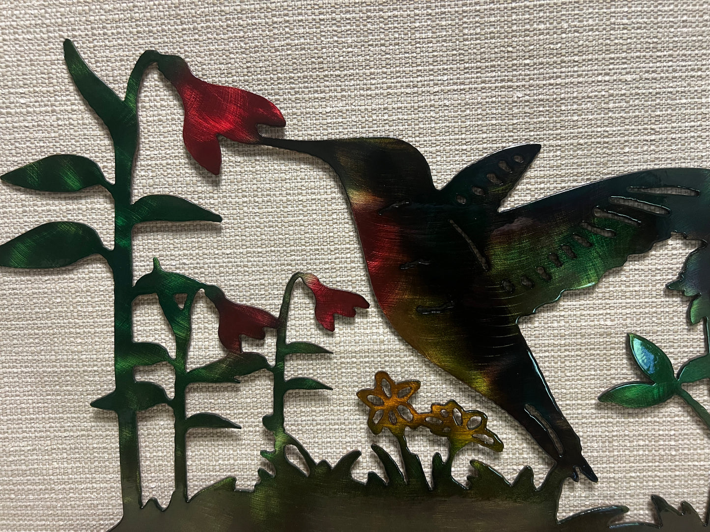 Hummingbirds Feeding On Flowers Welcome Sign Metal Art