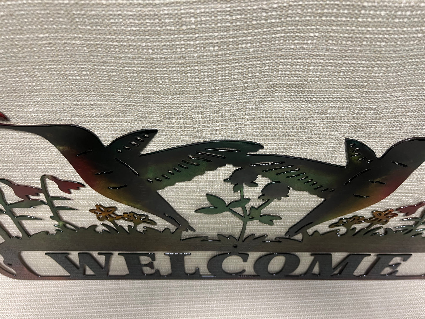 Hummingbirds Feeding On Flowers Welcome Sign Metal Art