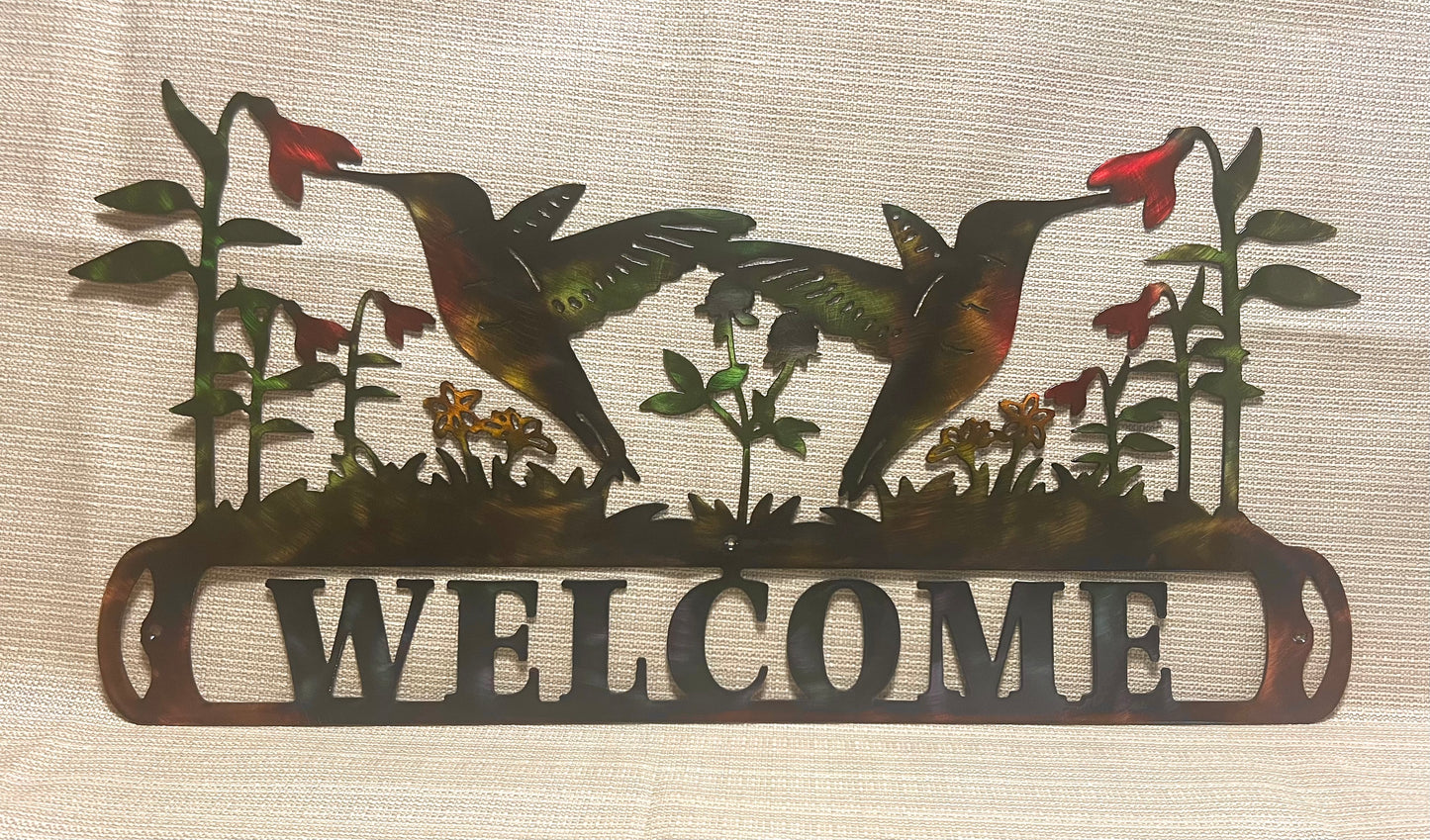 Hummingbirds Feeding On Flowers Welcome Sign Metal Art