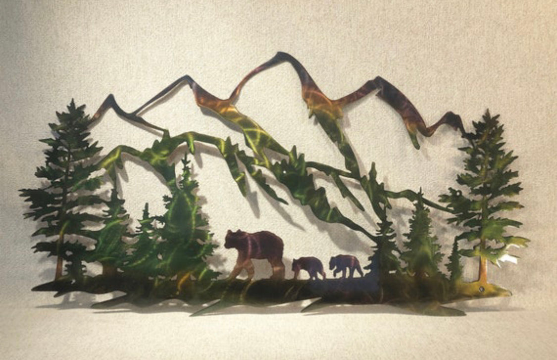 Handcrafted bear family and mountain metal wall art with pine trees and hand-finished patina colors.
