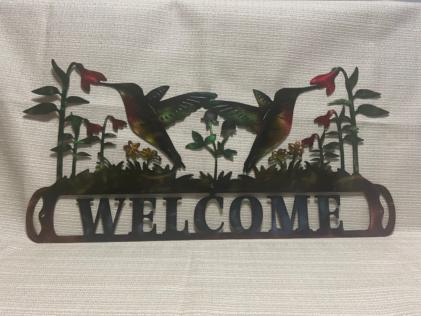 Hummingbirds Feeding On Flowers Welcome Sign Metal Art