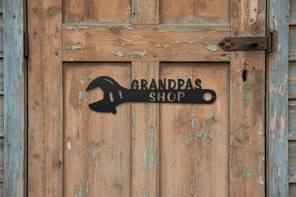 A black metal wrench-shaped sign with the words 'GRANDPA'S SHOP' mounted on a weathered wooden door with peeling blue-gray paint.