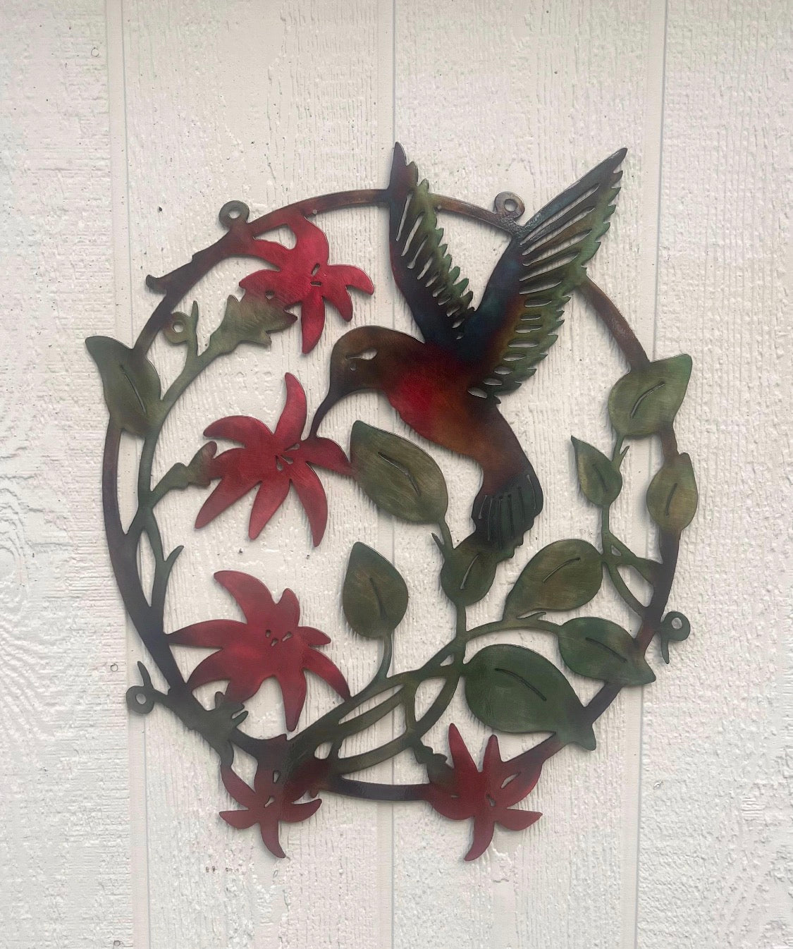 Hummingbird & Flowers Metal Wall Art with Optional Door Hanger