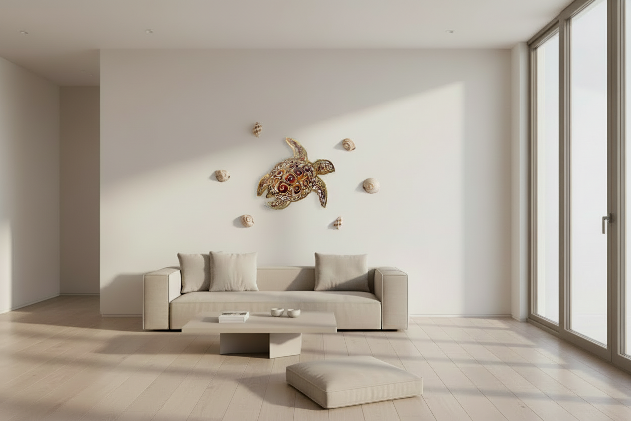 Modern living room with a turtle wall decoration