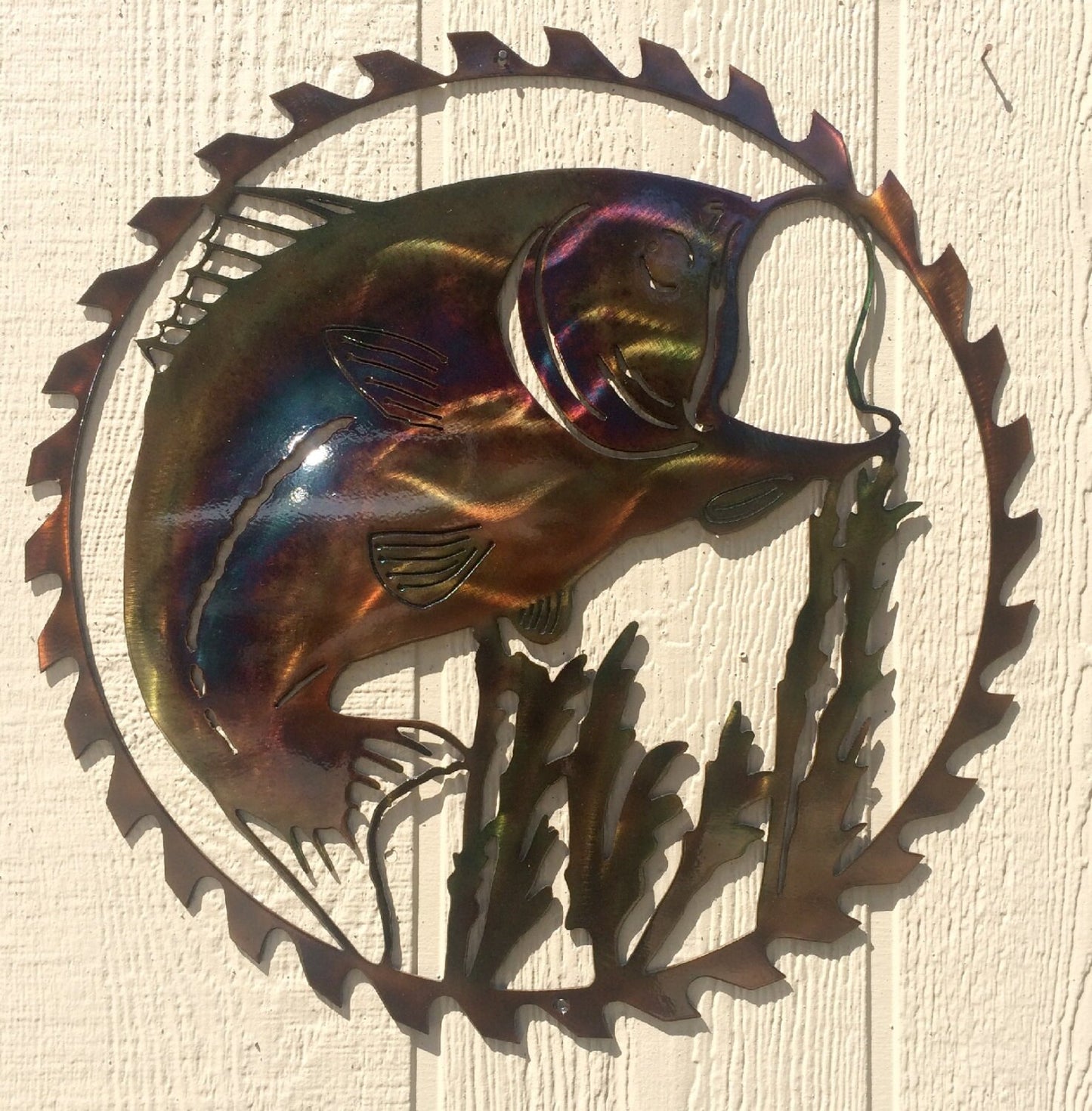 Large Mouth Bass In Sawblade Frame Metal Wall Art