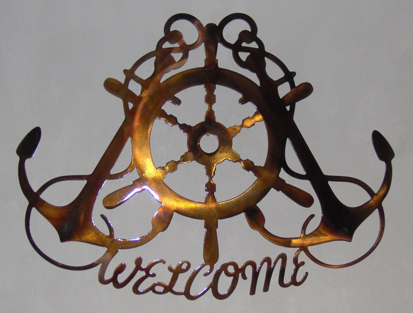 Ships Wheel & Crossed Anchors Nautical Metal Art Welcome Sign