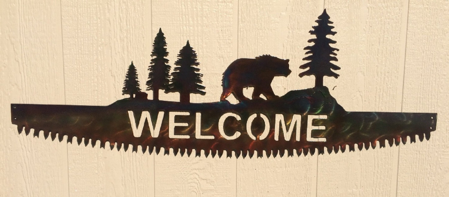 Bear on Crosscut Sawblade Metal Wall Art Welcome