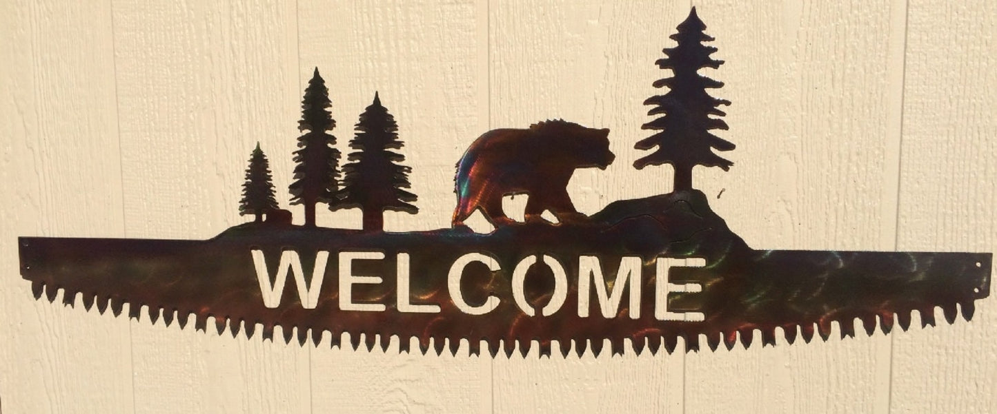Bear on Crosscut Sawblade Metal Wall Art Welcome