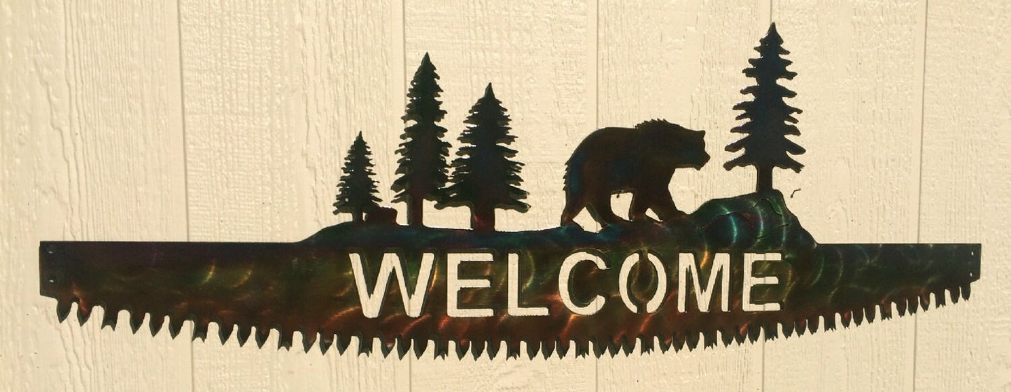 Bear on Crosscut Sawblade Metal Wall Art Welcome