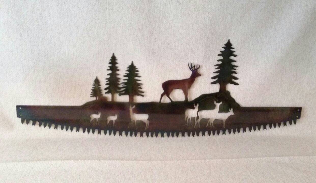 Whitetail Buck & Deer Family in Crosscut Saw Blade Indoor or Outdoor Wildlife Metal Wall Art