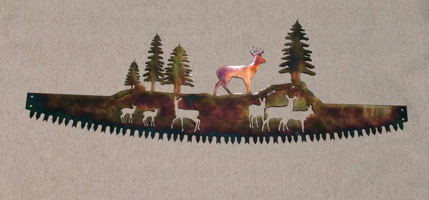 Whitetail Buck & Deer Family in Crosscut Saw Blade Indoor or Outdoor Wildlife Metal Wall Art