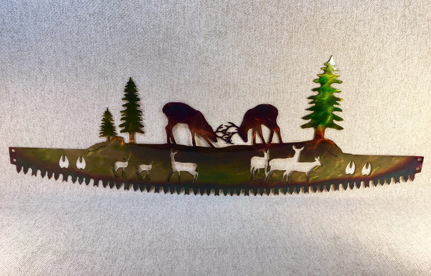 Whitetail Bucks Fighting on Crosscut Saw Metal Wall Art Deer Lodge Decor