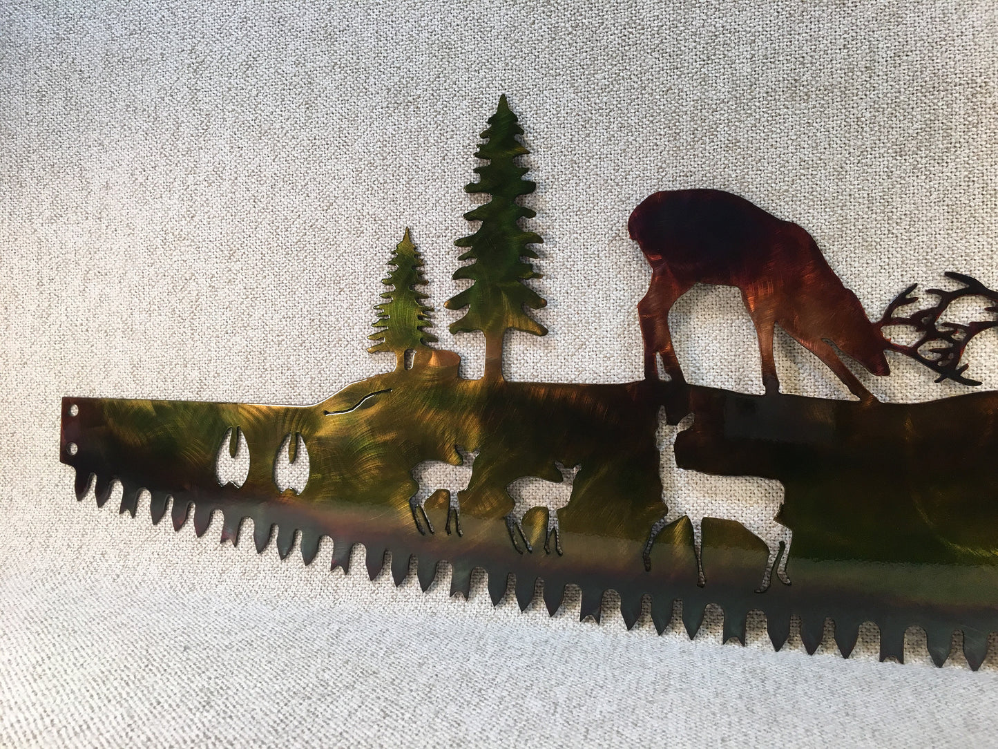 Whitetail Bucks Fighting on Crosscut Saw Metal Wall Art Deer Lodge Decor