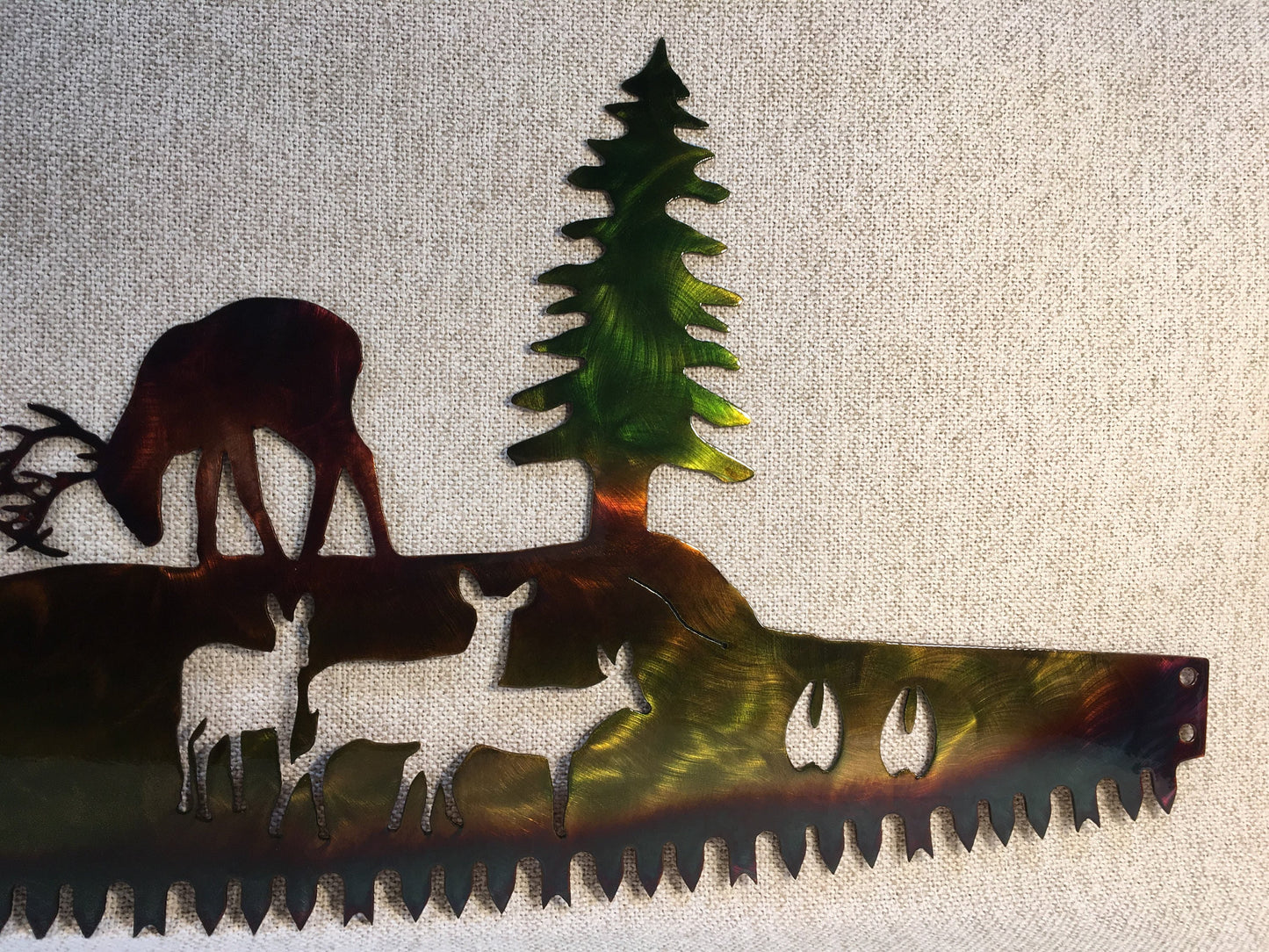Whitetail Bucks Fighting on Crosscut Saw Metal Wall Art Deer Lodge Decor