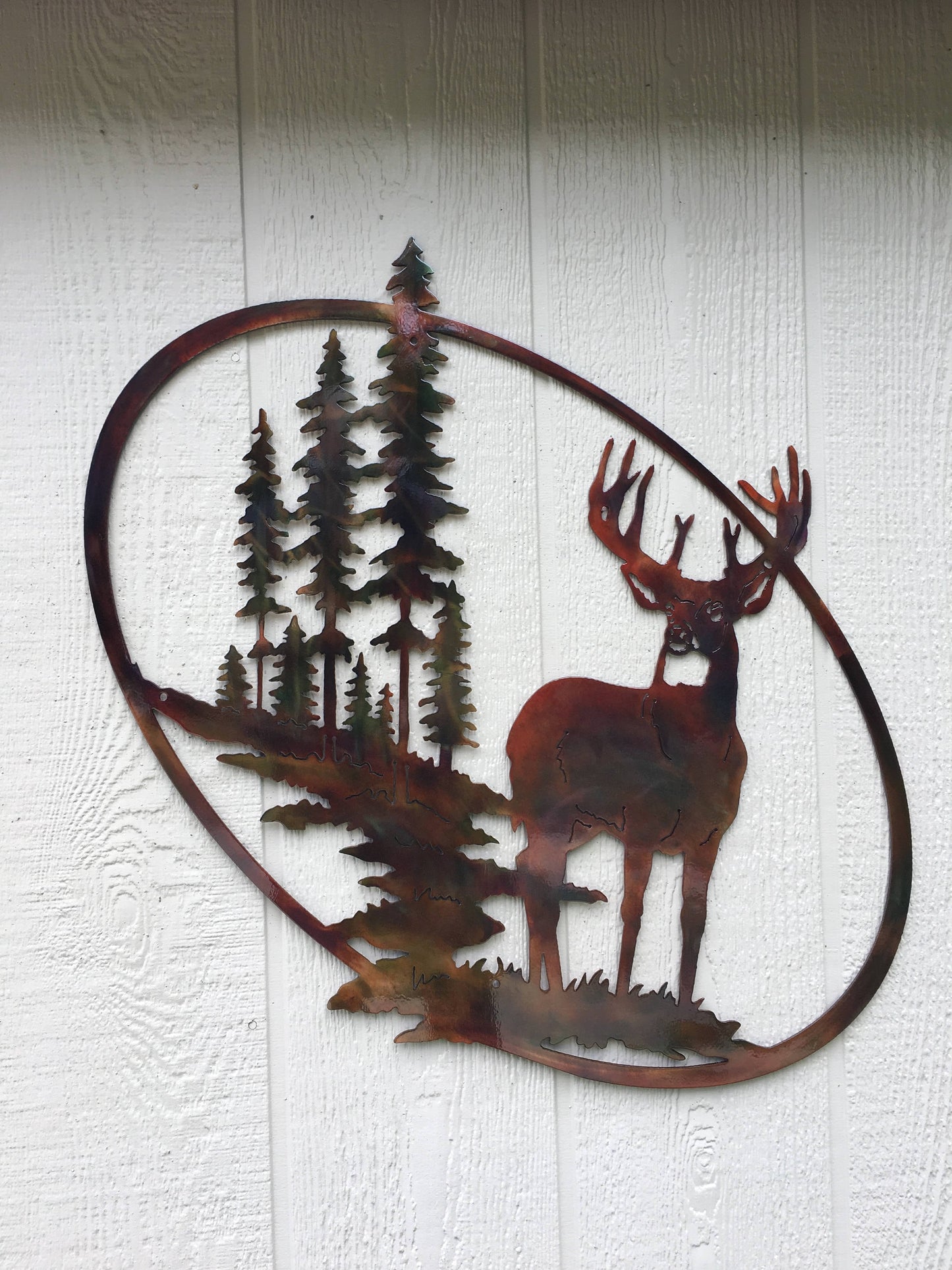 Whitetail Buck, Trees, & Mountain Wildlife Oval Deer Scene Metal Art