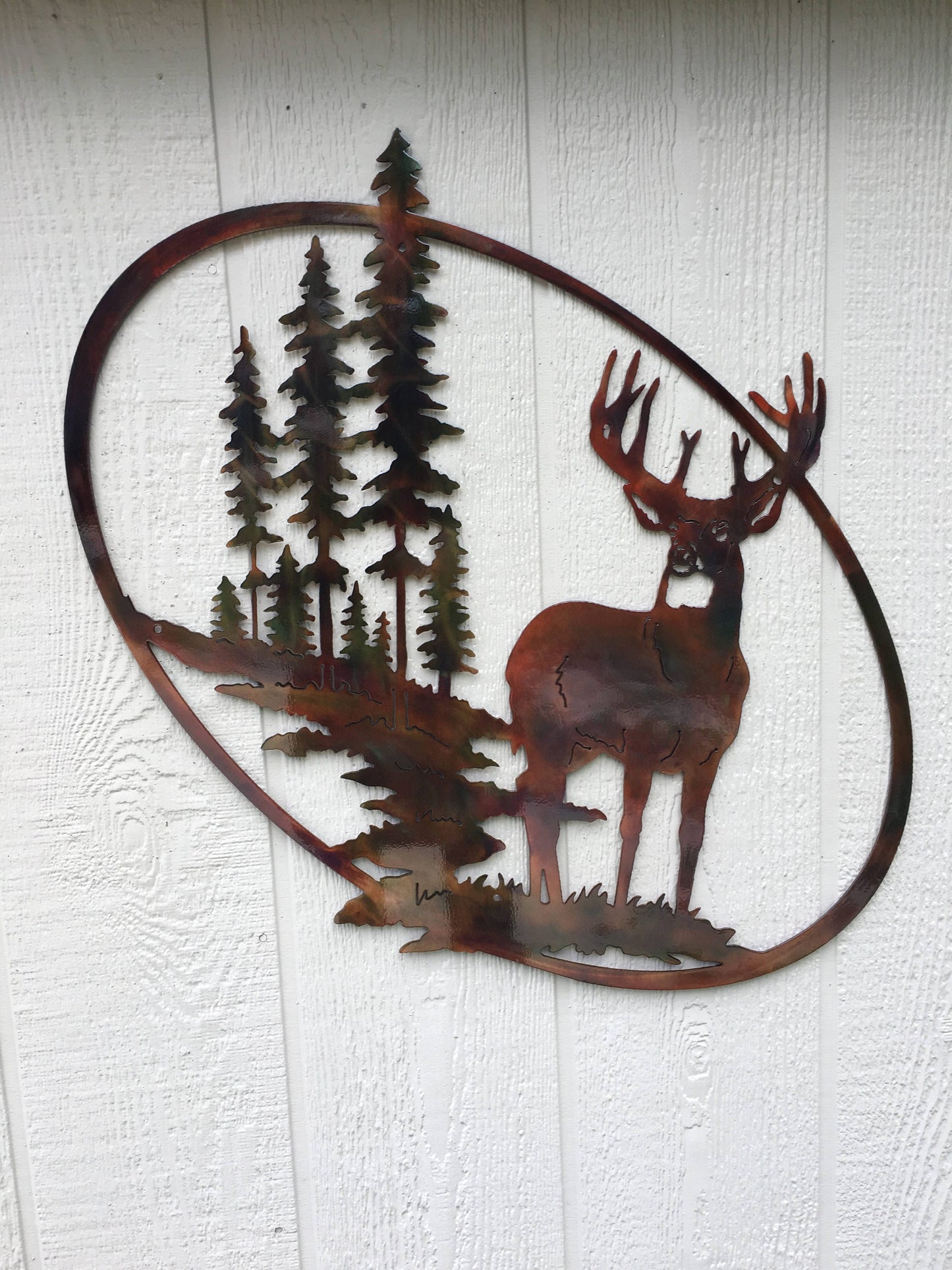 Whitetail Buck, Trees, & Mountain Wildlife Oval Deer Scene Metal Art