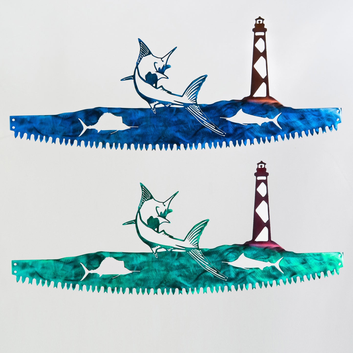 Blue Marlin w/ Cape Lookout Lighthouse in Crosscut Saw Blade Indoor or Outdoor Metal Wall Art
