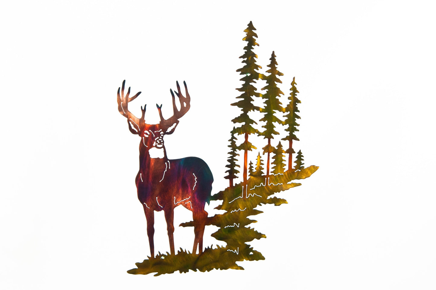 Whitetail Buck Deer w/ Mountain & Trees Indoor or Outdoor Metal Wall Art