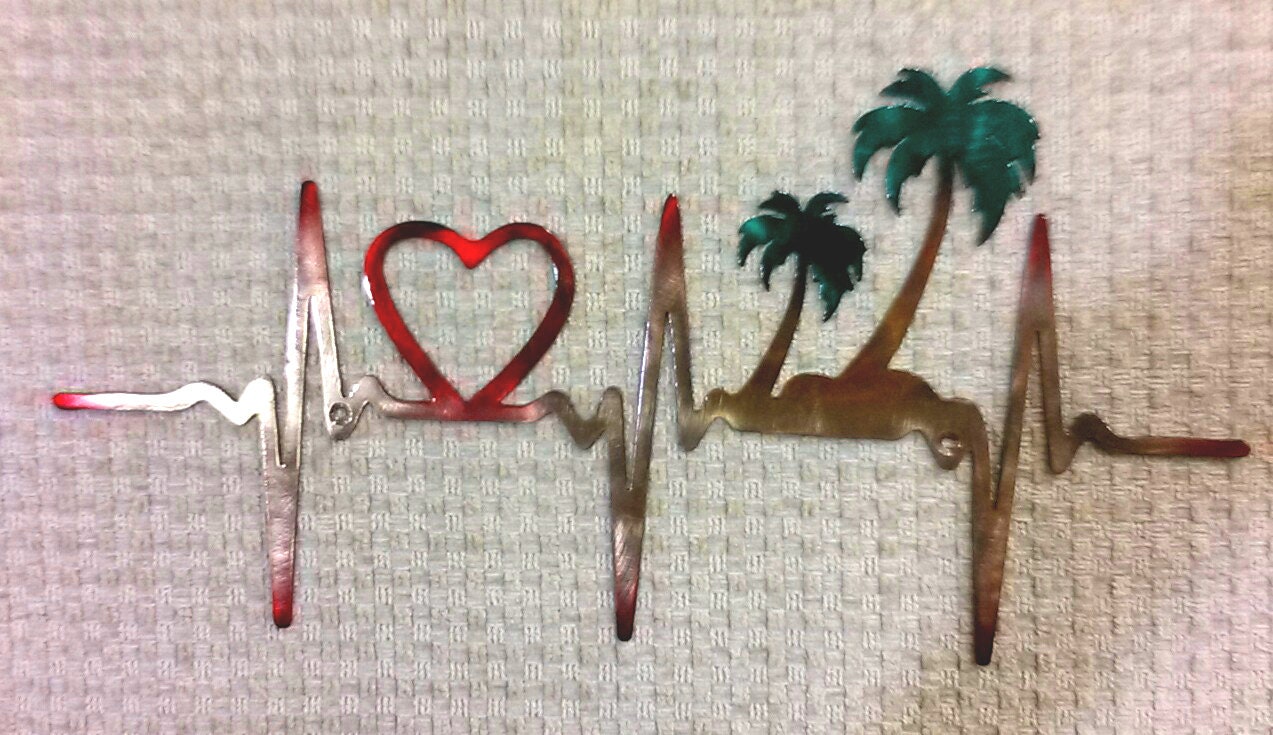 EKG Heartbeat Heart & Palm Trees Plasma Cut Indoor or Outdoor Metal Art