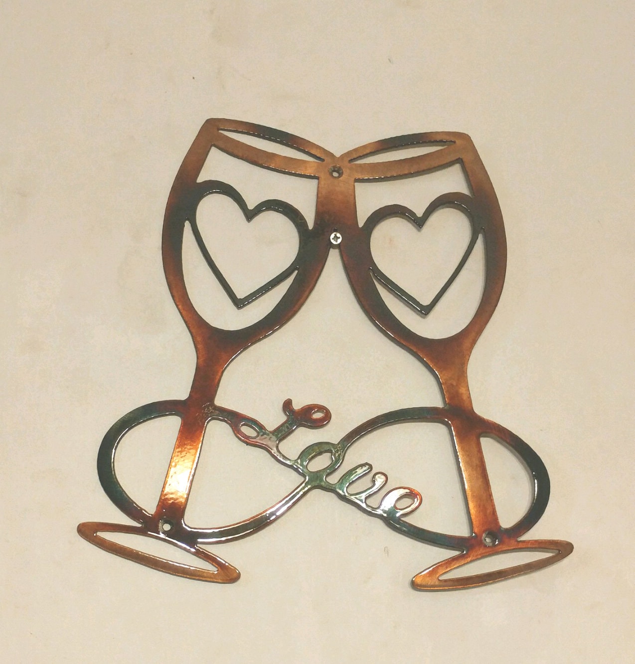 Wine Glasses w/ Double Hearts & Infinity Love Ribbon Metal Wall Art Decor