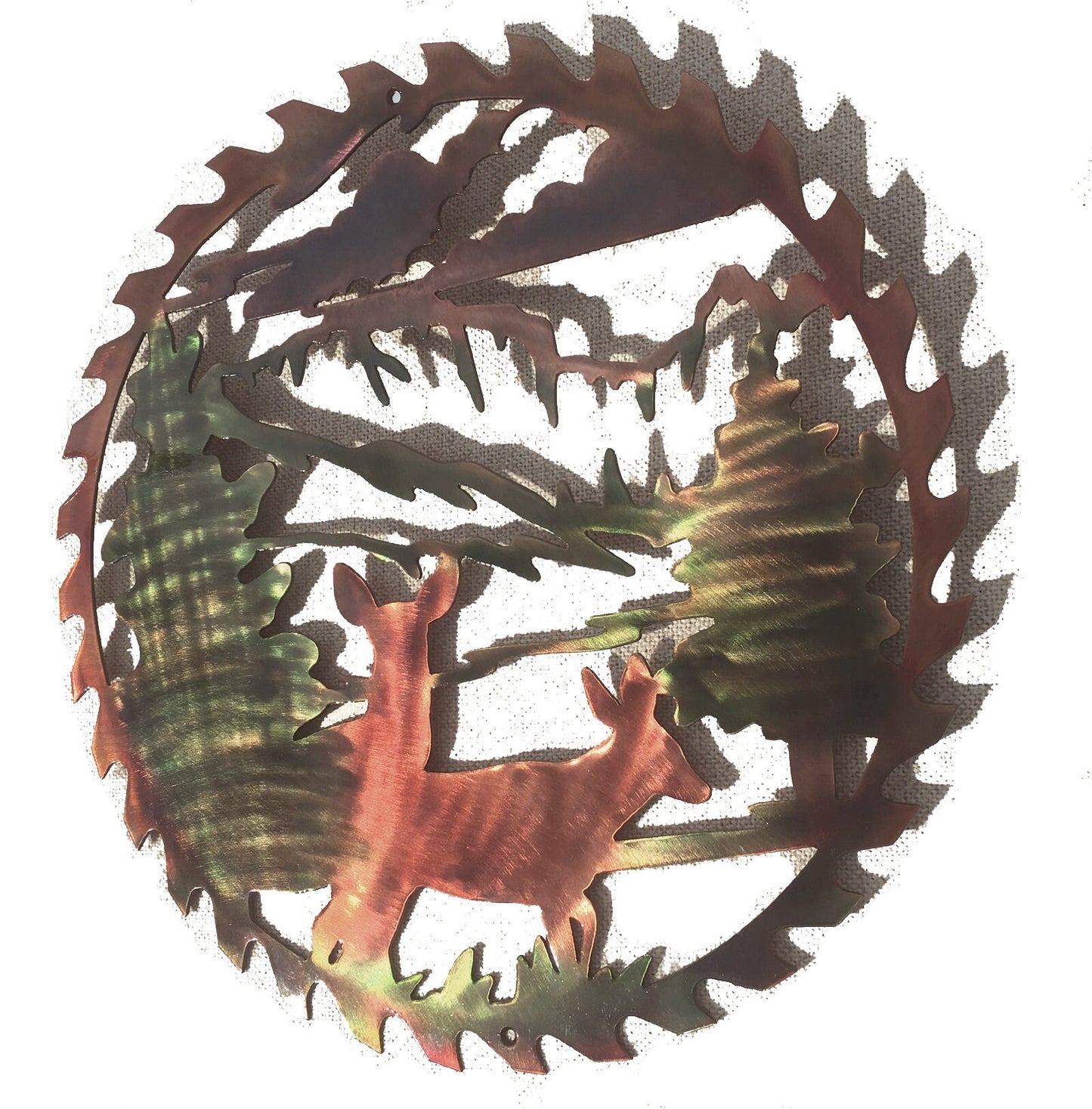 Whitetail Deer Doe & Fawn In Sawblade Metal Wildlife Wall Art