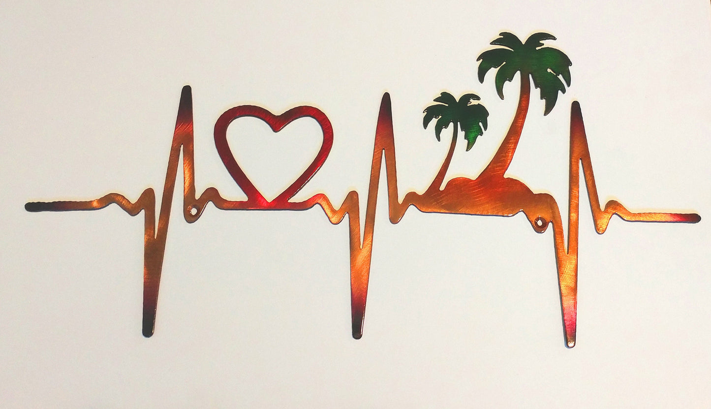 EKG Heartbeat Heart & Palm Trees Plasma Cut Indoor or Outdoor Metal Art