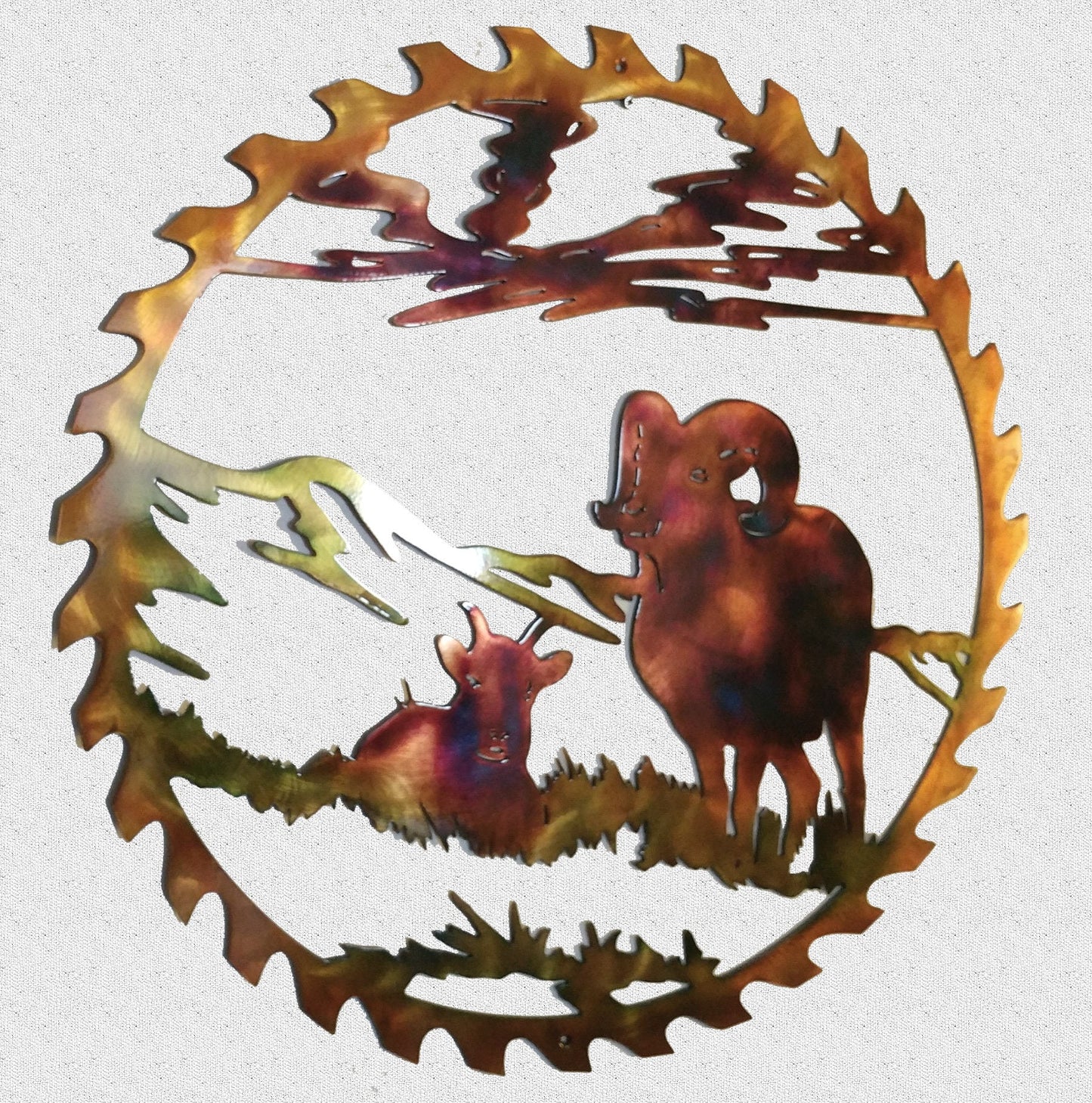 Mountain Goat Ram In Sawblade Metal Wildlife Wall Art
