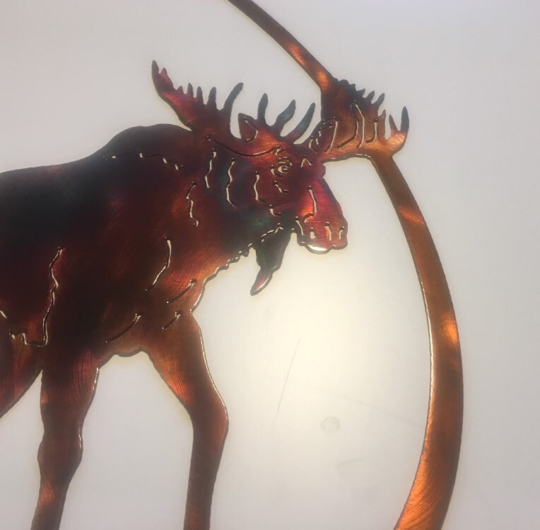 Moose, Trees, & Mountain Oval Wildlife Scene Metal Art