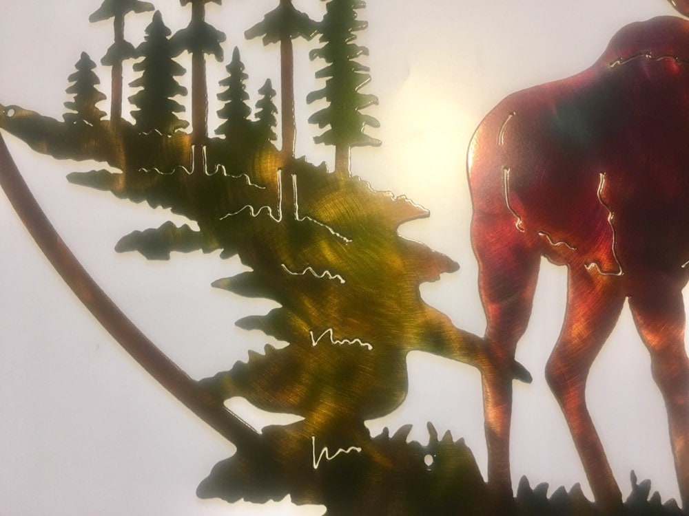Moose, Trees, & Mountain Oval Wildlife Scene Metal Art
