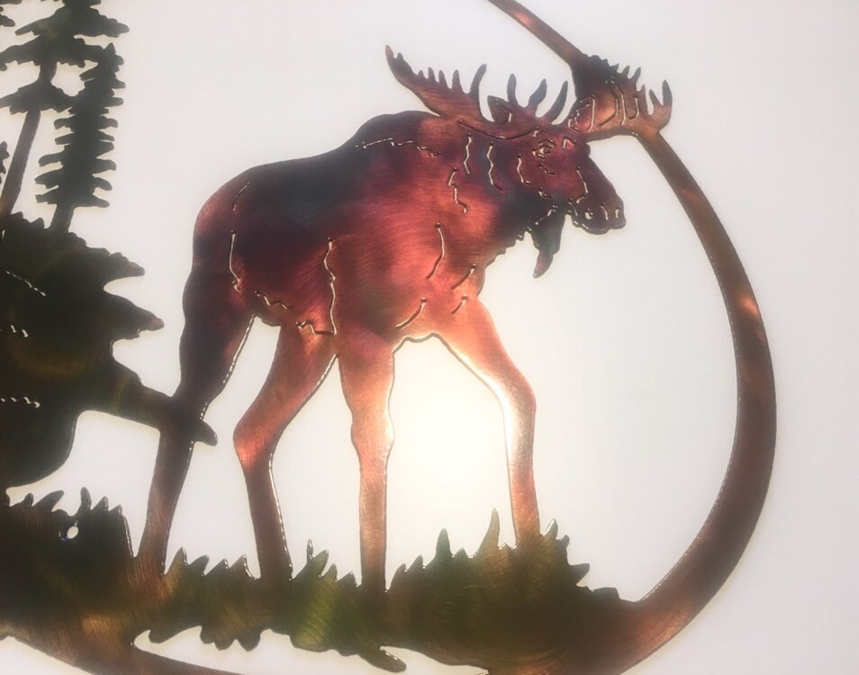 Moose, Trees, & Mountain Oval Wildlife Scene Metal Art