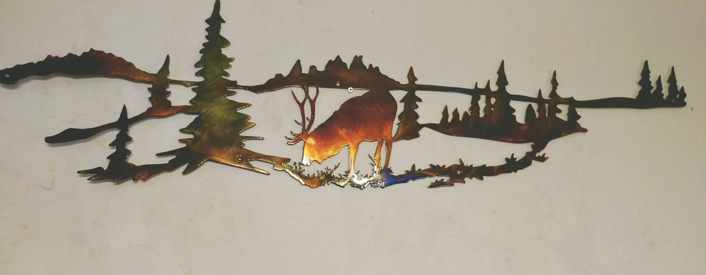 North American Bull Elk Wildlife Scene Indoor & Outdoor Metal Wall Art