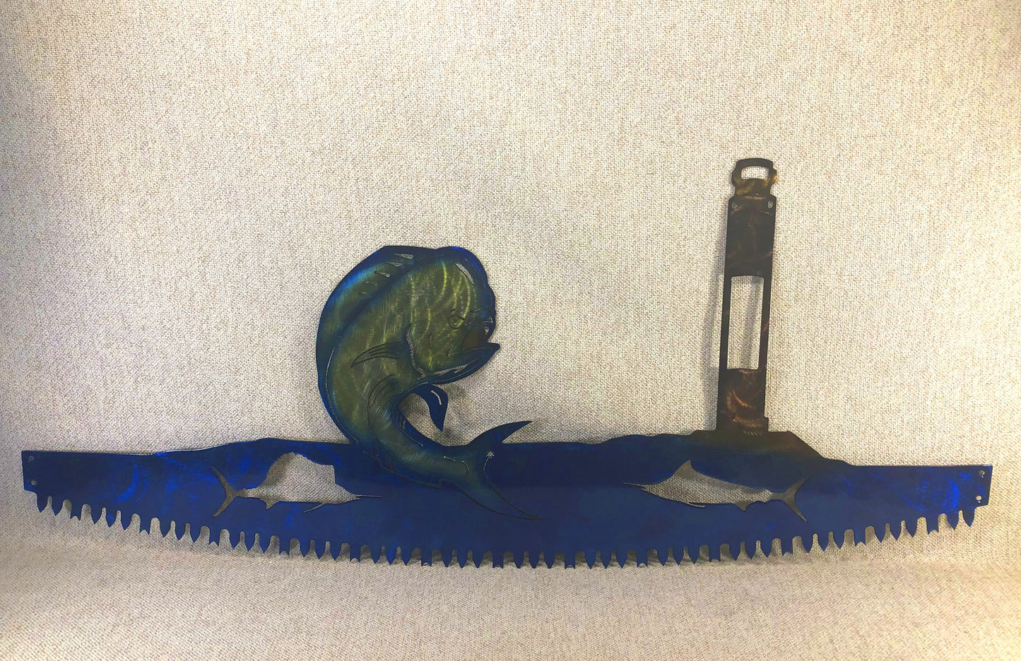 Mahi-Mahi Dolphin Fish & Lighthouse in Crosscut Saw Blade Indoor or Outdoor Nautical Metal Wall Art