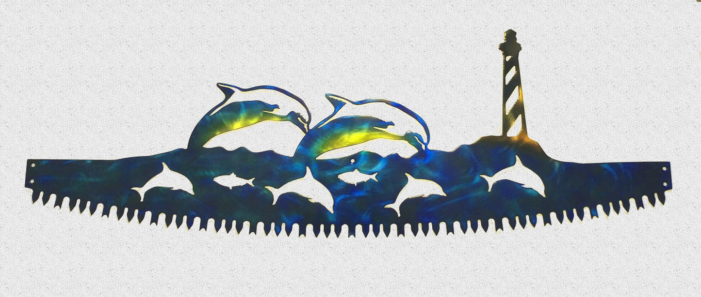 Porpoise Dolphin Fish w/ Lighthouse in Crosscut Saw Blade Indoor or Outdoor Nautical Metal Wall Art
