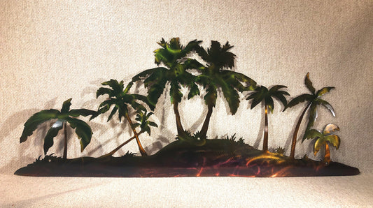 Handcrafted palm tree island metal wall art with hand-finished patina.