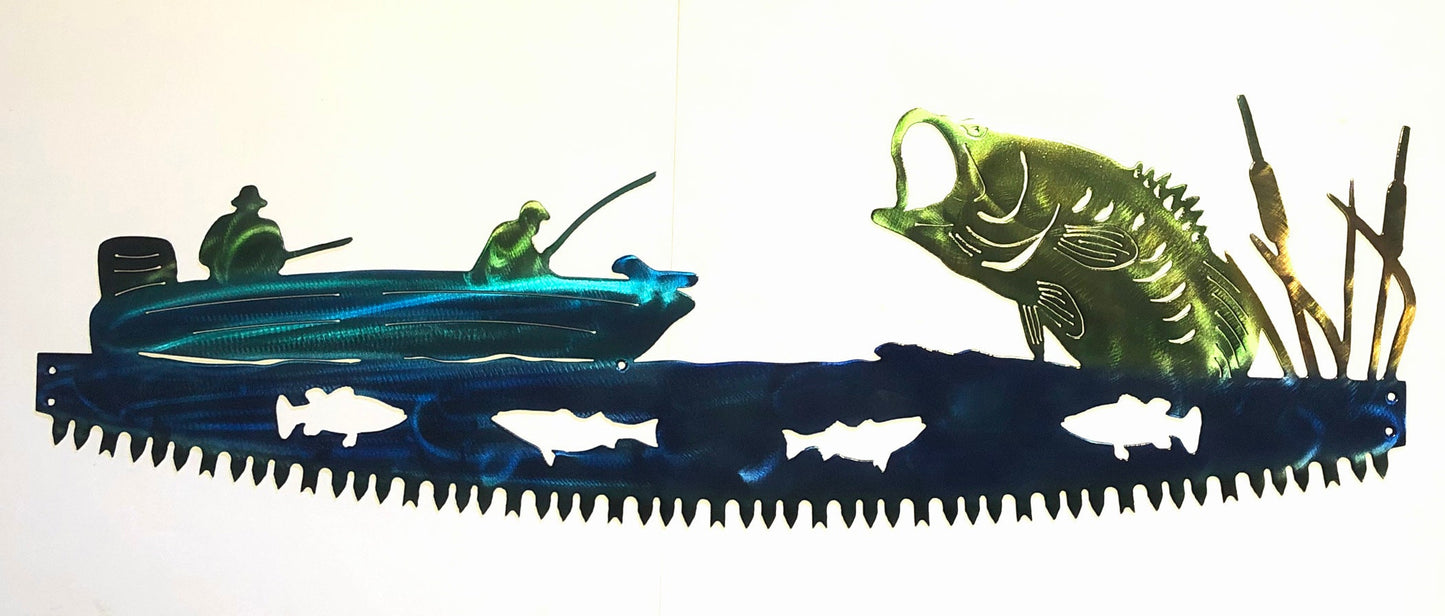 Smallmouth Bass Fishing Boat in Crosscut Saw Blade Indoor or Outdoor Nautical Metal Wall Art