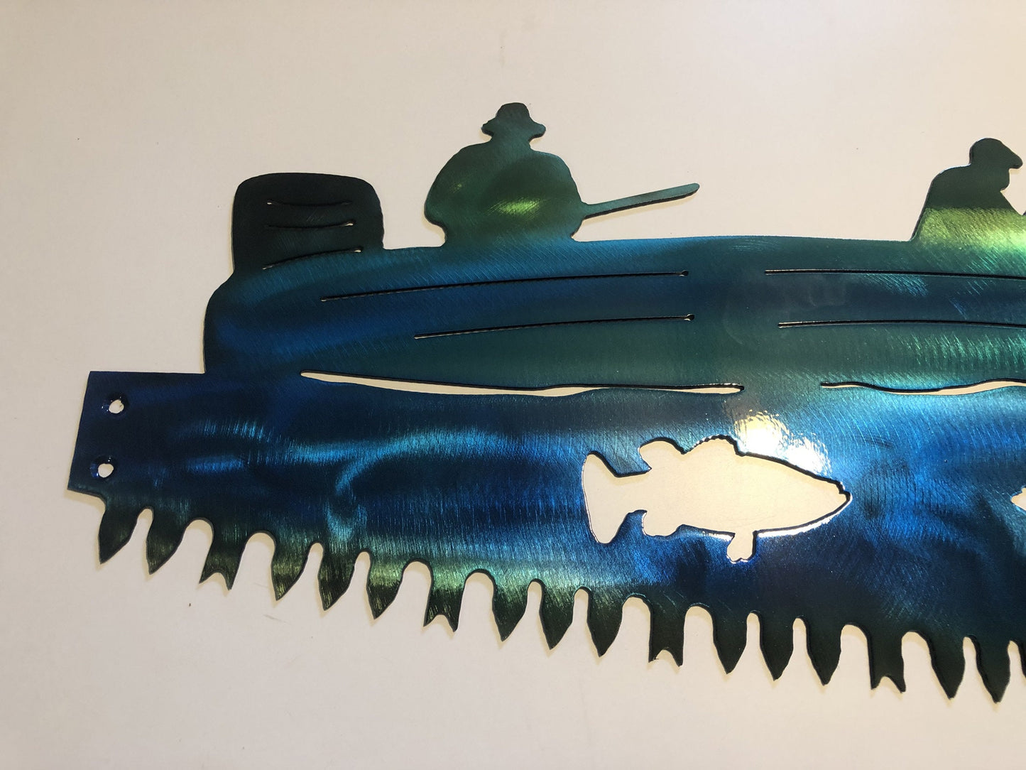 Smallmouth Bass Fishing Boat in Crosscut Saw Blade Indoor or Outdoor Nautical Metal Wall Art