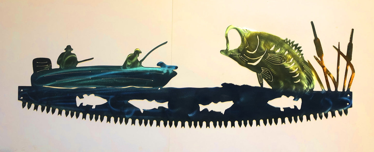 Smallmouth Bass Fishing Boat in Crosscut Saw Blade Indoor or Outdoor Nautical Metal Wall Art