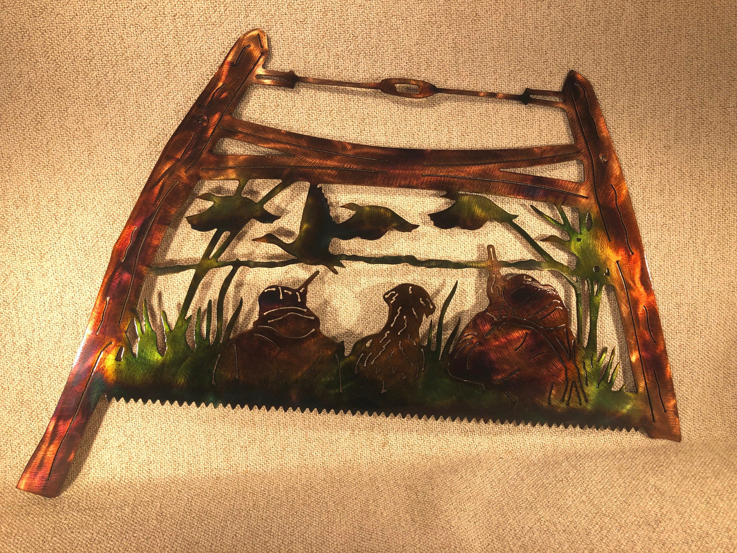 Bow Saw With Bird Hunters & Dog Indoor Or Outdoor Metal Wildlife Wall Art