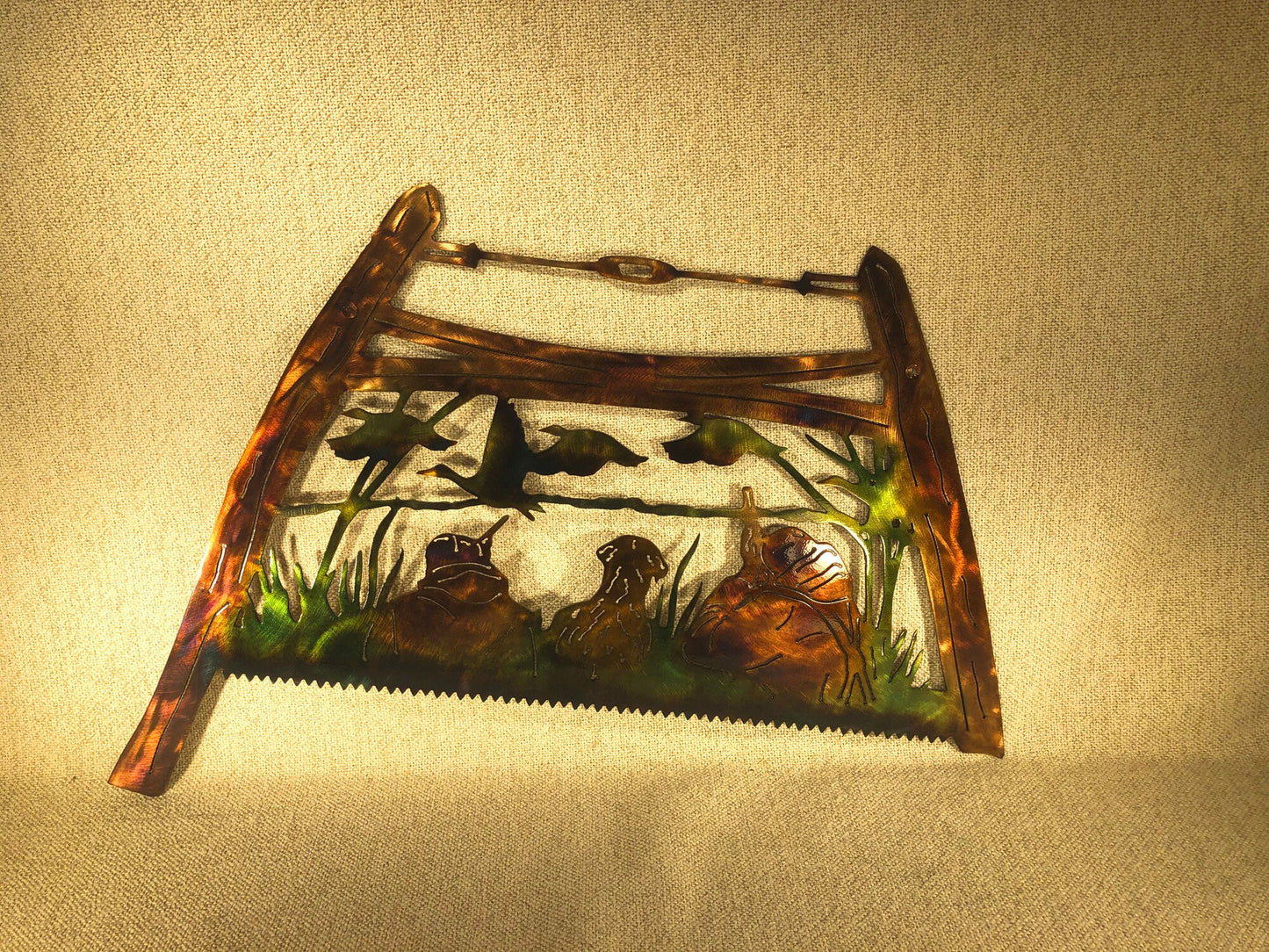 Bow Saw With Bird Hunters & Dog Indoor Or Outdoor Metal Wildlife Wall Art