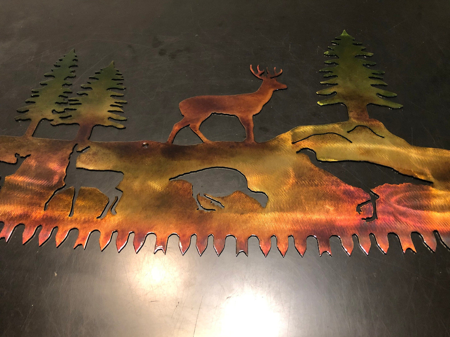 Buck & Turkey in Crosscut Saw Blade Indoor or Outdoor Wildlife Metal Wall Art