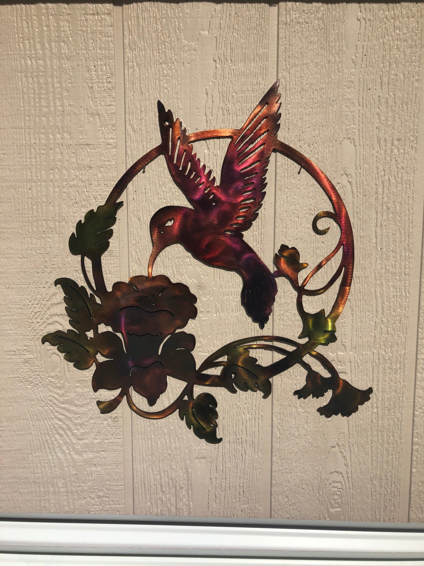 Hummingbird Feeding On Flowers Indoor Or Outdoor Metal Wall Art W/ Patina Finish