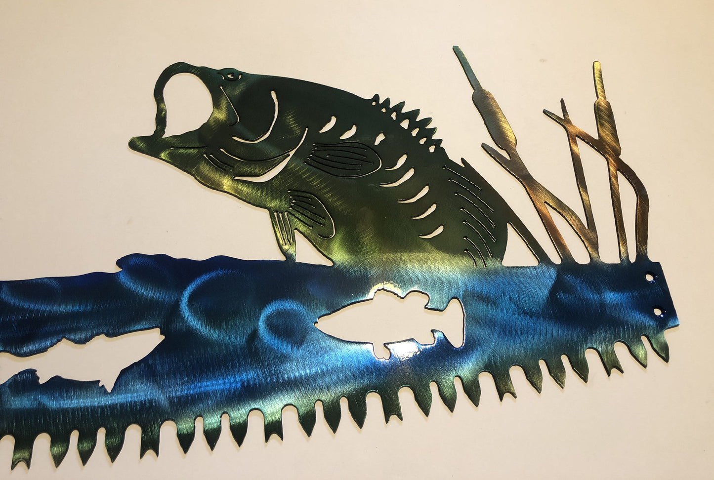 Smallmouth Bass Fishing Boat in Crosscut Saw Blade Indoor or Outdoor Nautical Metal Wall Art