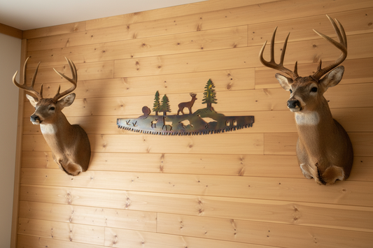 A metal wall art piece featuring a whitetail buck, a tom turkey, and a cross-cut saw blade with assorted turkey and deer cuts into the sawblade. The artwork has a patina finish and is displayed against a white background.