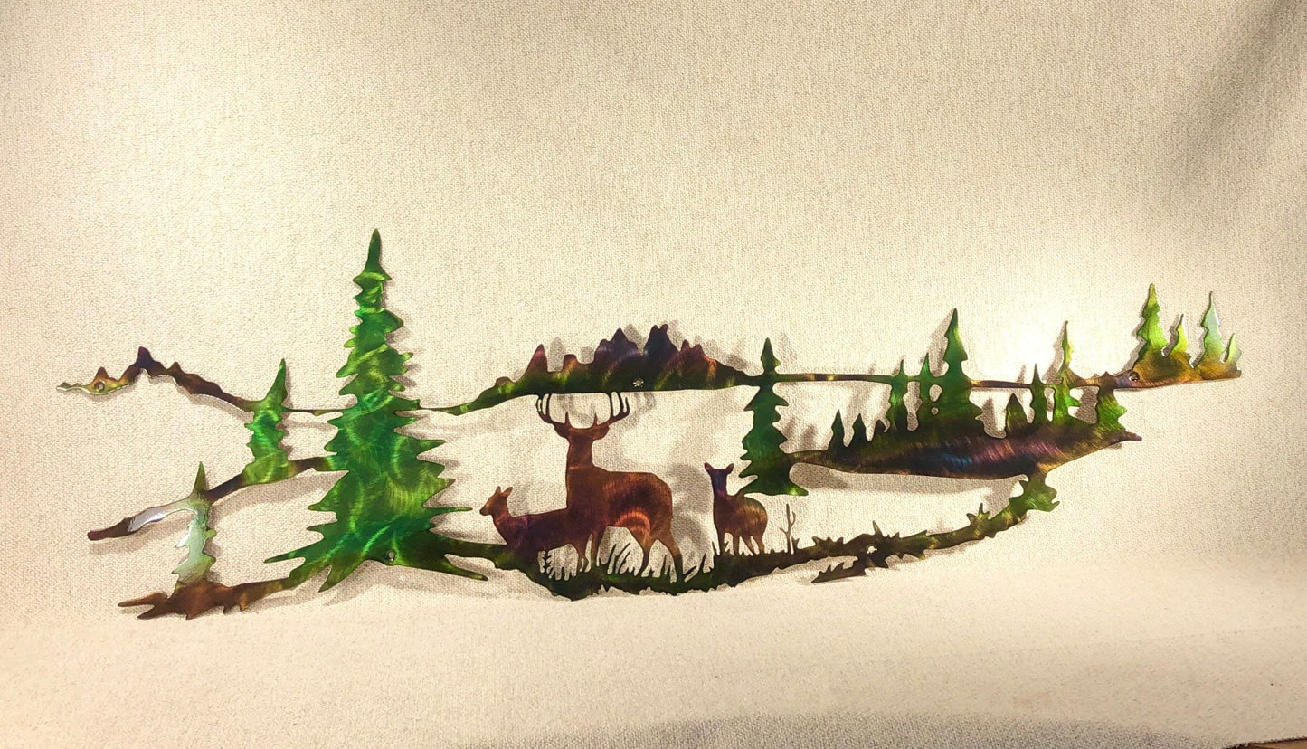 Whitetail Buck, Doe Deer & Trees Wildlife Indoor Outdoor Plasma Cut Metal Wall Art