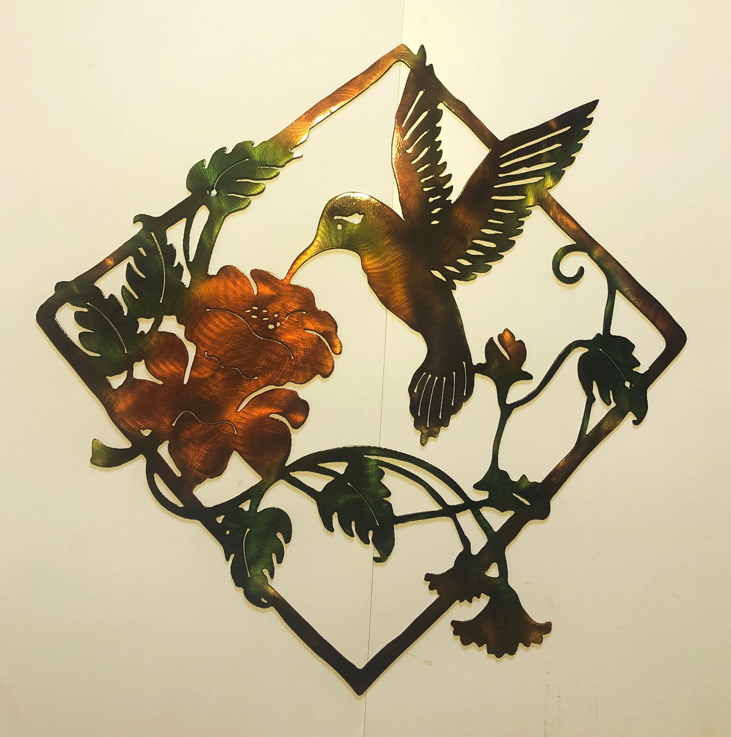 Hummingbird In Diagonal Frame Indoor Or Outdoor Metal Wall Art W/ Patina Finish