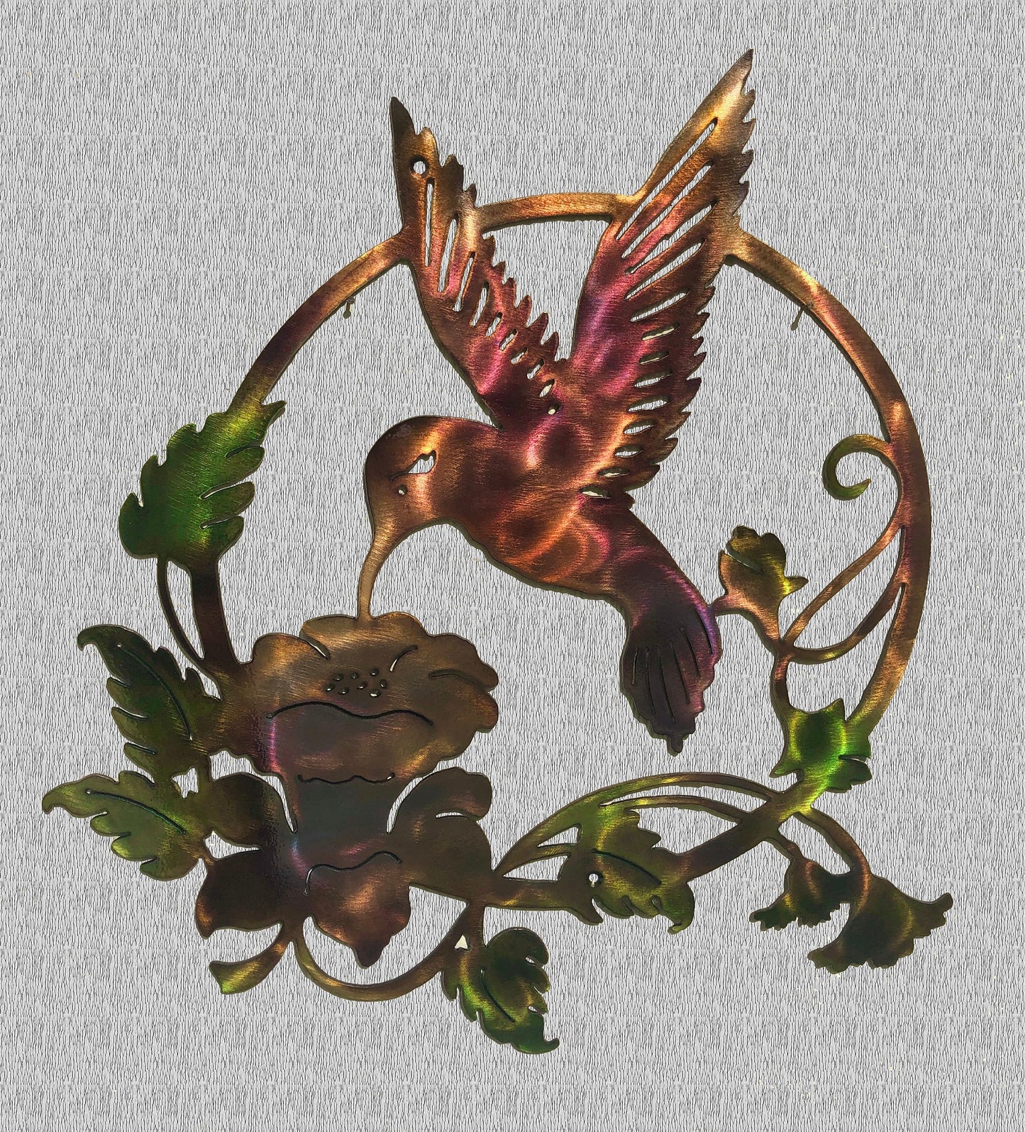 Hummingbird Feeding On Flowers Indoor Or Outdoor Metal Wall Art W/ Patina Finish