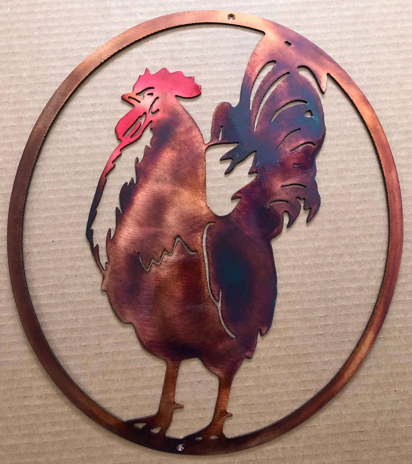 28 inch rooster oval metal wall art