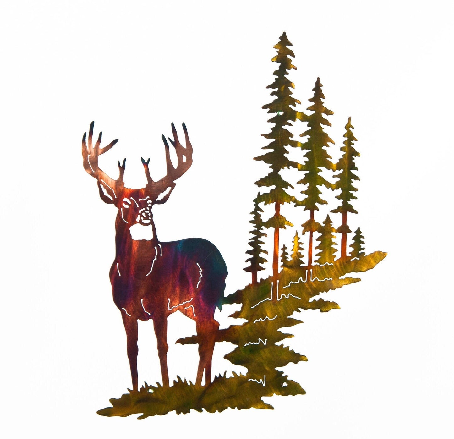 Whitetail Buck Deer w/ Mountain & Trees Large Metal Wall Art