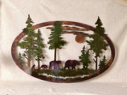Bear Family Metal Wall Art – Rustic Cabin Mountain Scene Decor