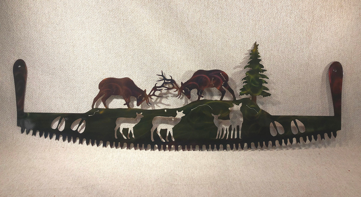 Elk Fighting On Crosscut Saw With Handles Hunting Lodge or Mountain Cabin Metal Wall Art